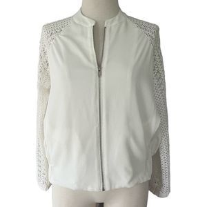Fab’rik White Lace Sleeves Zip Up Bomber Jacket Sz M